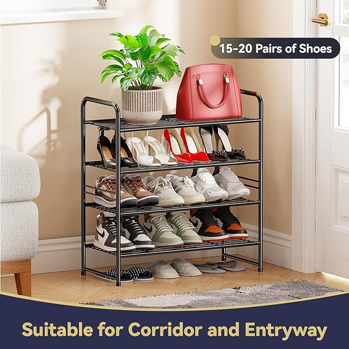 Shoe Rack Metal, Closet Shoe Organizer 4 Tier, Stackable & Adjustable, Black