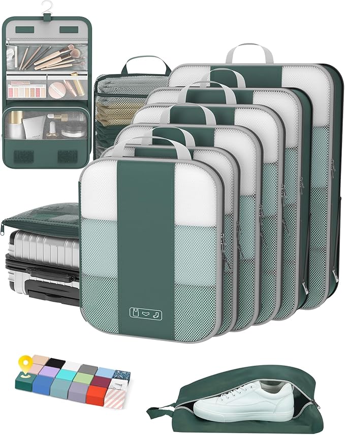 10 Set Compression Packing Cubes for Travel Essentials,Compressible Expandable Packing Cubes for Suitcase,OlarHike Luggage Organizer Bags for Travel,Handy Helper for Organizing Clothes(Dark Green)