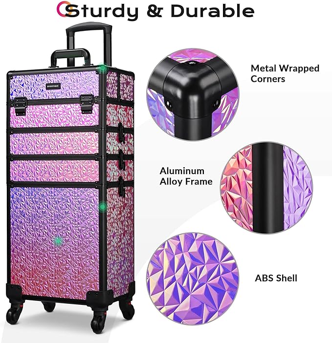 BYOOTIQUE Rolling Cosmetology Case on Wheels 3-Piece Lockable Makeup Organizer Kit Nail Tech Storage Cart Hair Tool Travel Bag for Lash Artist Nail Slon Beauty Hairstylist,Mermaid Pink