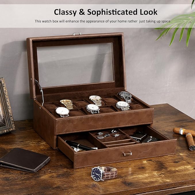 BEWISHOME Watch Box for Men, 12-Slot Watch Case, 2-Layer Watch Case With Drawer, Mens Jewelry Box with Large Glass Lid, Watch Display Case Watch Holder Organizer Watch Storage for Men Women Espresso