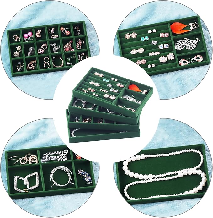 Jewelry Trays for Drawers, Set of 8 Stackable Velvet Jewelry Tray Inserts for Rings, Earrings, Necklaces, Bracelets – Fits Most Dresser/Closet Drawers, Non‑Slip Lined, Green