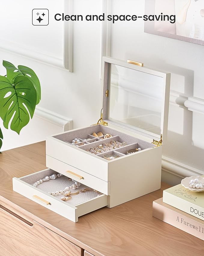 Lolalet Jewelry Box, Clear Window Wood Grain Jewelry Storage for Earrings Bracelets Necklaces Rings, High Capacity Organizer for Women -Beige, 3 Layers