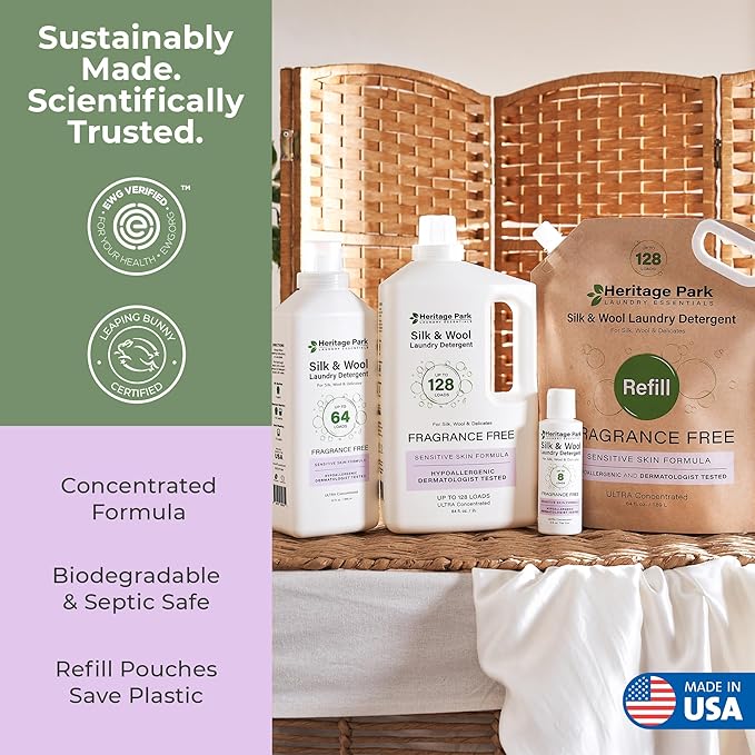 Heritage Park Silk & Wool Fragrance Free, Hypoallergenic, pH-Neutral Laundry Detergent - Dermatologist-tested, Sensitive Skin-Friendly, Enzyme-Free, Ultra Concentrated (64 fl oz Refill)