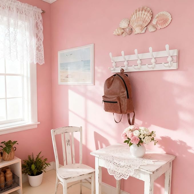 SKOLOO Coastal Wall Mounted Coat Rack - 16-7/8" Beach House Entryway Wooden Coat Hook with 5 Hooks for Hanging Coats, Hats or Towels, Oceanfront Cottage Core Collection, White & Palm Beach Pink