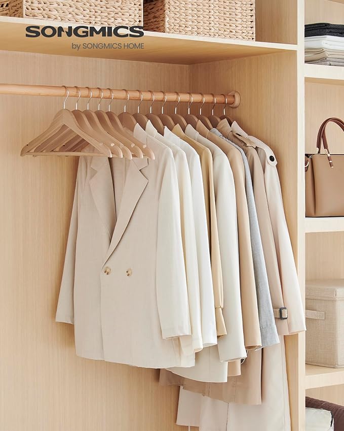 SONGMICS Wooden Hangers, Pack of 12, Coat Hangers, Non-Slip, Pants Bar, 360° Swivel Hooks, for Jackets, Shirts, Coats, Natural Wood UCRW010N12