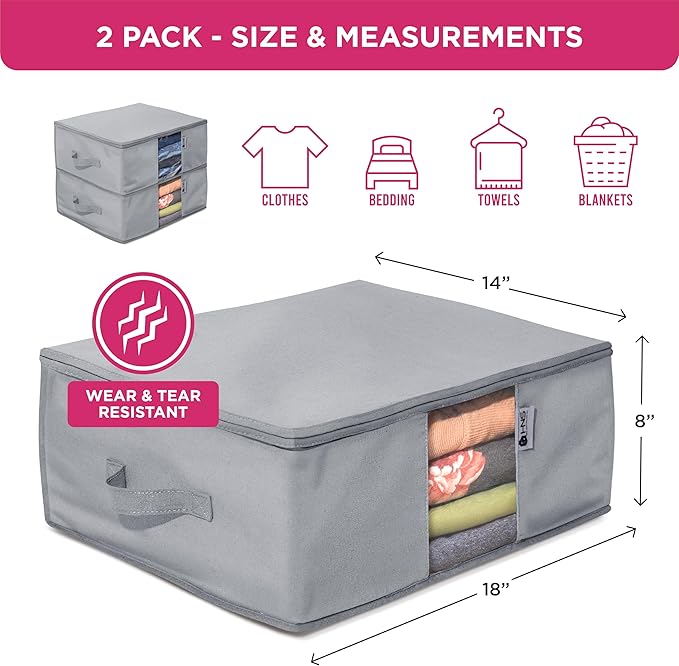 Cedar Clothes Storage Bag Organizer – Protects from Moths, Moisture, Dirt & Dust – Set of 2 Underbed Storage Bags for Clothes, Cashmere Sweaters, Bedding & More - Underbed Storage - Grey