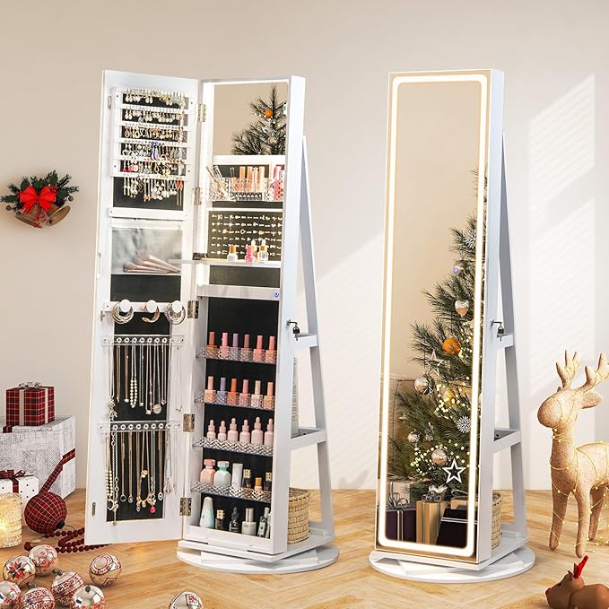 GOFLAME 360° Swivel Jewelry Cabinet Armoire with Full Length Mirror, Standing Jewelry Storage Organizer with Rear Storage Shelves, 3-Color LED Lights, Foldable Shelf, Interior Mirror, White