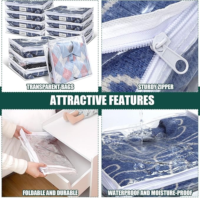 Hoolerry 12 Pcs Clear Zippered Storage Bags Pvc Sweater Sheet Organizer Plastic Sheet Storage Sweater Bags With Zipper And Label Pocket Container For Clothes Closet Linen Pillow (14 x 12 x 3 Inch)