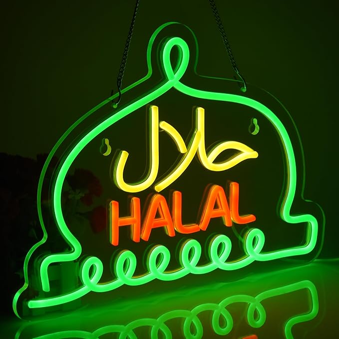 Halal Neon Signs Halal Food Arabic Restaurants Led Light Up Signs for Business Store Wall Decor with Dimmable Switch Christmas Party Gift USB Powered 16.1" x 11.8"