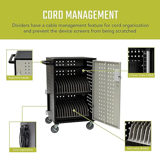 Pearington 30 Device Charging Cart with Electric Key Card Lock, Charger Organization, Cable Management, Laptop-Chromebook Charging Mobile Storage Station, Black and Grey