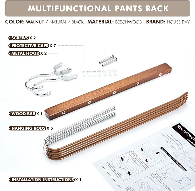 HOUSE DAY Pants Hangers Space Saving, Wood Jean Hangers for Closet, Non Slip Multi functional Pants Rack Hanger Multiuse Pant Organizer For Closet Space Saving Hangers for Pants, Scarfs (2PACK,Walnut)