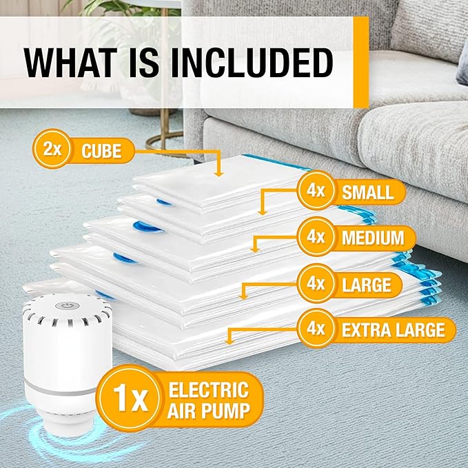 18-Pack Vacuum Storage Bags with Electric Pump – 16 Space Saver Bags + 2 Cube Bags for Clothes, Blankets & Bedding – Durable & Reusable Vacuum Seal Bags for Travel, Moving & Home Organization