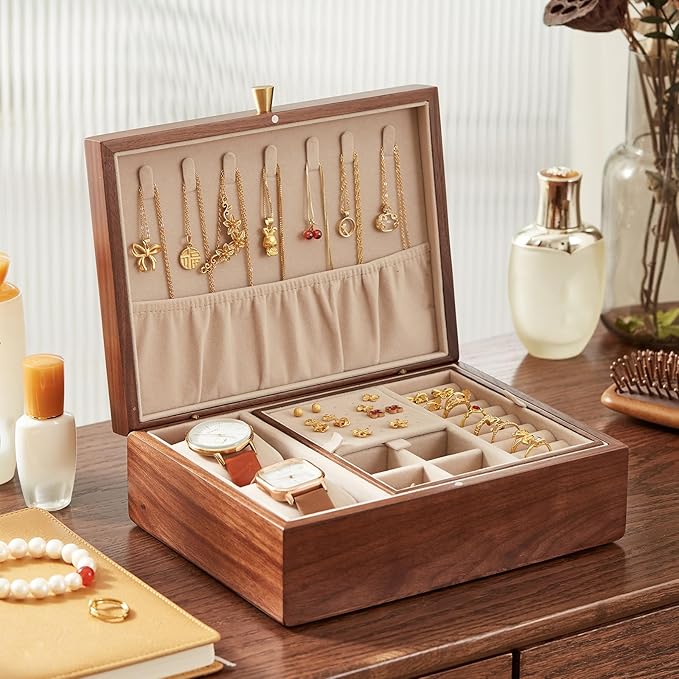 CHOSIN Black Walnut Wooden Jewelry Box for Women 2 Layer Jewelry Organizer with Removable Tray for Watches Rings Earrings Necklace Bracelets Storage Valentine's Day Gifts