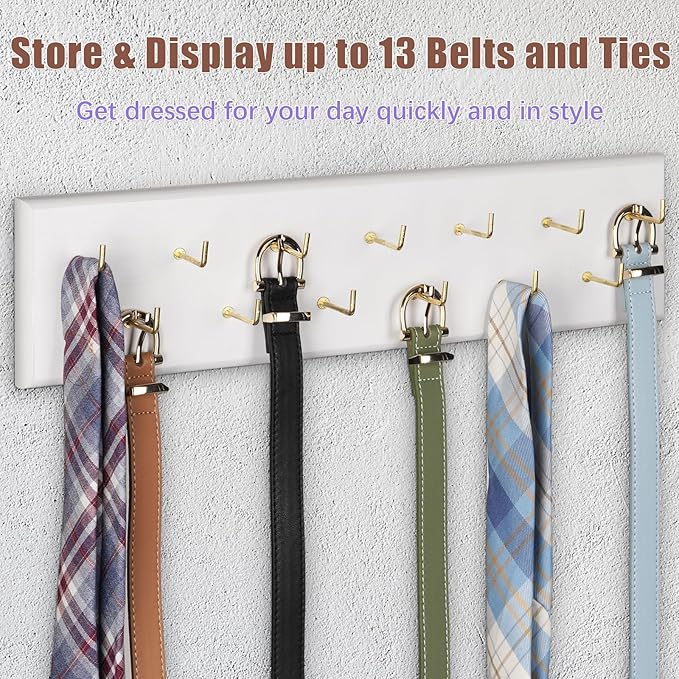 Belt Hanger Wall Mount Belt Organizer for Closet, Holds Over 28 Belts Wooden Wall Mounted Belt Rack Storage Tie and Scarf Hanger for Closet, Wall, Door (White)