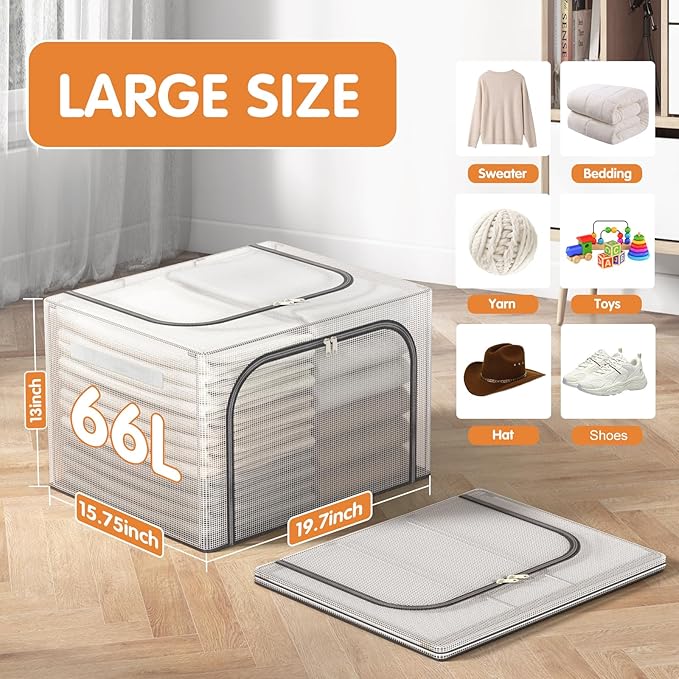 Large Size 66L 3 Pack Clothes Storage Bin with Metal Frame, Stackable & Foldable Box with Lids, Closet Organizers And Storage For Bedding, Cap, Sweater (Fully Transparent)