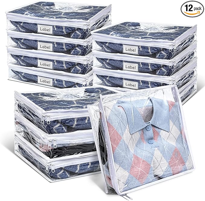 Hoolerry 12 Pcs Clear Zippered Storage Bags Pvc Sweater Sheet Organizer Plastic Sheet Storage Sweater Bags With Zipper And Label Pocket Container For Clothes Closet Linen Pillow (14 x 12 x 3 Inch)