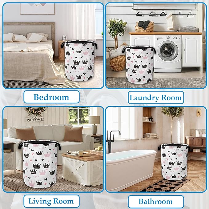 Pink Crowns Laundry Basket Collapsible Laundry Hamper Clothes Toy Storage Bin for Bathroom Bedroom Room Decor 16" X 20.8"