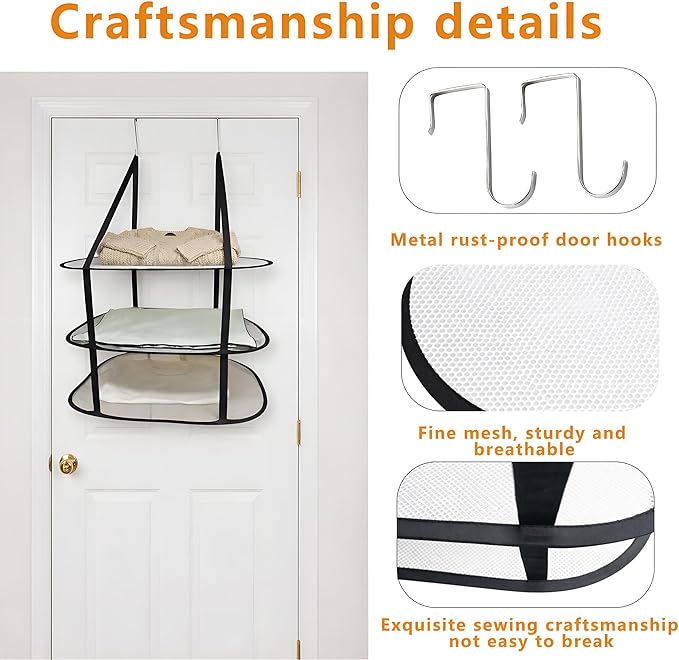 SAMJANE Sweater Drying Rack Hanging – Lay-Flat Warp-Knit Airflow Mesh for Delicates, 3-Tier Foldable Space-Saving Door-Hanging Design for Fast Drying & No Deformation in Small Spaces (Black - 3 Pack)