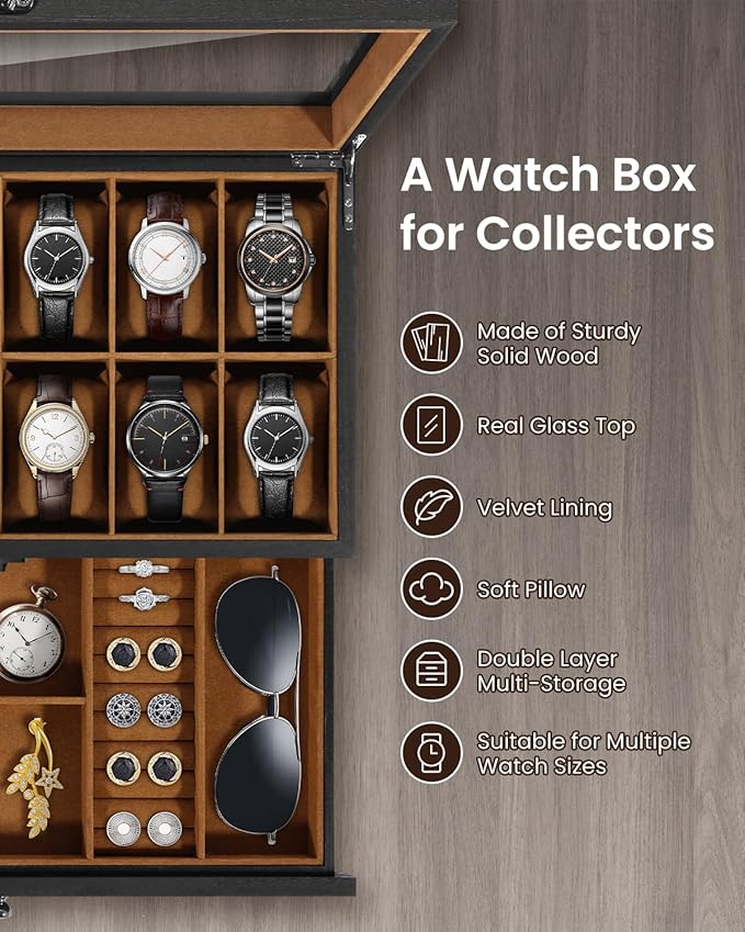 Uten 12-Slot Watch Box, 2-Layers Solid Wood Watch Display Case with Glass Lid, Watch Holder Organizer with Soft Pillow and Velvet Lining, Watch and Jewelry Storage Box