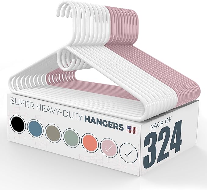 Neaties Super Heavy Duty Clothes Hangers 100+ Pack (324 Count) – Made in The USA - 10lb Capacity, Thick Plastic Hangers for Pants, Coats, Jackets, Jeans and Adult Clothing – White & Pink