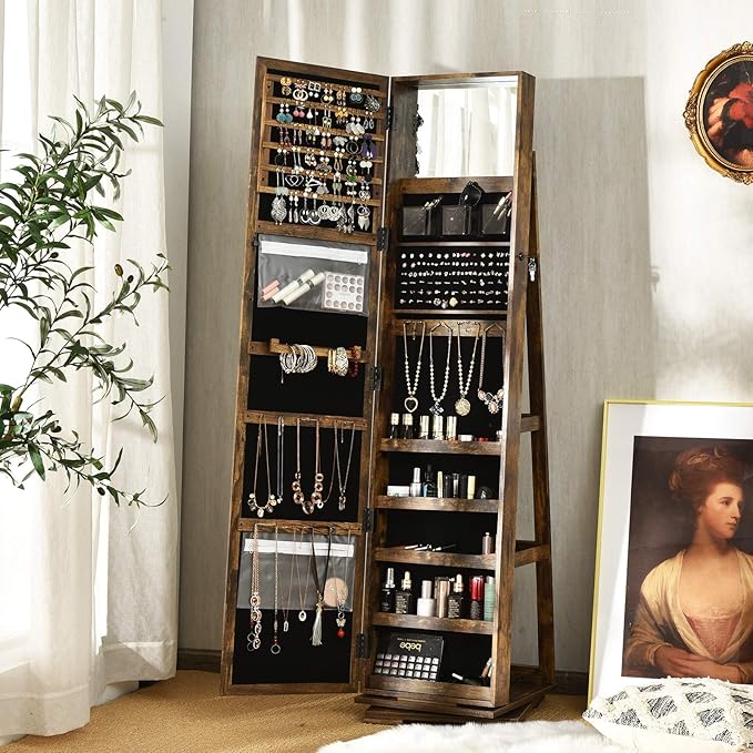 CHARMAID 360° Swivel Jewelry Armoire with Higher Full Length Mirror, Standing Lockable Jewelry Cabinet Organizer, Large Storage Capacity, Inside Makeup Mirror, Back Storage Shelves (Rustic Brown)