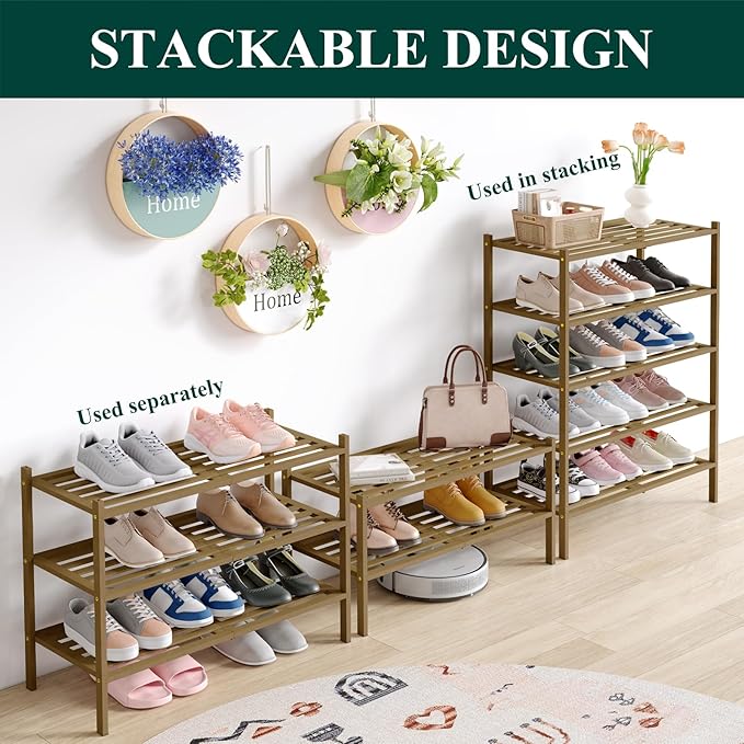 Smiry Bamboo Shoe Rack 6-Tier, Stackable Wooden Shoe Organizer for Entryway & Closet, Free Standing Wood Shoe Storage Shelf for Front Door & Small Spaces, Walnut