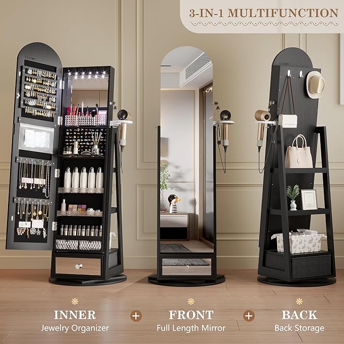 LVSOMT 360° Swivel Arched Jewelry Mirror Cabinet, 64"H Standing Jewelry Armoire with 6 LED Lights, Lockable Jewelry Organizer, Arch Full Length Mirror with Storage, Inner Makeup Shelf, Drawers (Black)