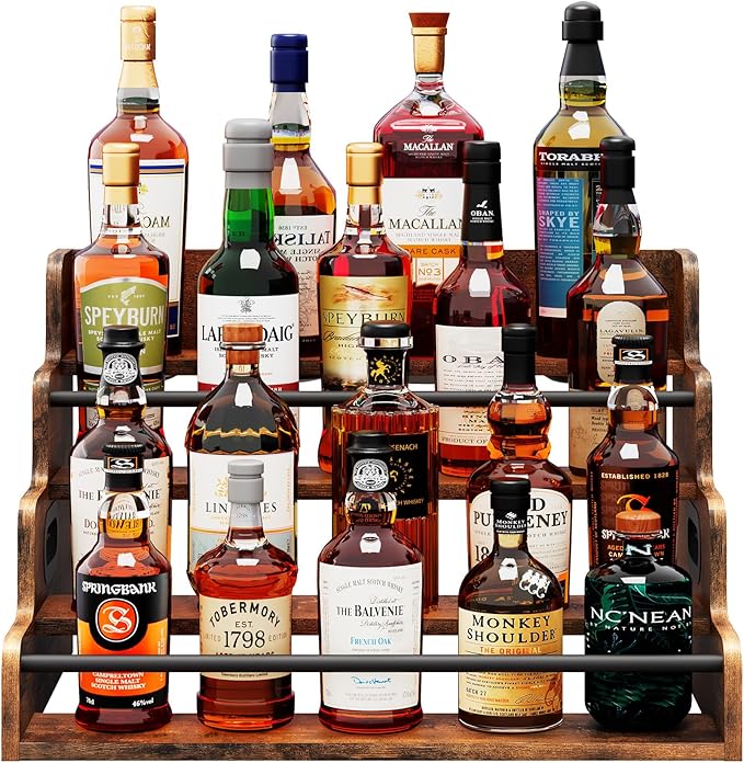 19.6”W x 15.74" D x 12.5" H Inches Versatile 4-Step Coffee Syrup & Water Bottle Organizer Rack Multi-Functional Retro Display Shelf for Kitchen or Bar, Holds Liquor & Spirits, Wooden