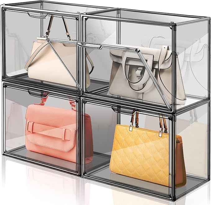 4 Pack Handbag Storage Organizer for Closet, ULENDIS Transparent Gray Acrylic Display Case for Handbag Purse, Stackable Storage Organizer with Magnetic Door for Wallet Book Cosmetic Toys Display