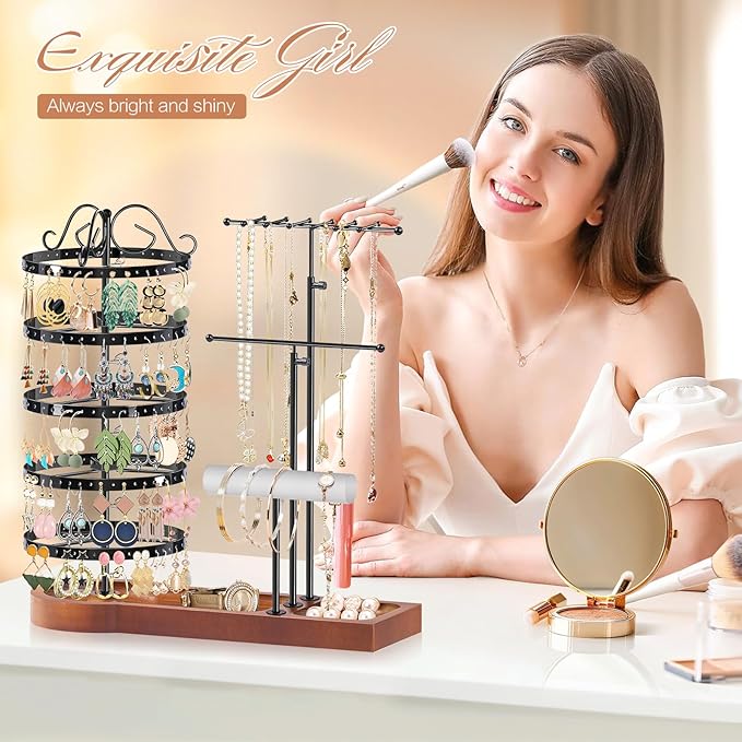 KALYLOC Jewelry Earring Holder Organizer, Adjustable 5 Tiers Rotating Earring Holder 3 Tier Necklace Holder with Wooden Base, Multi-Functional Jewelry Organizer Display Stand for Studs Bracelet Women