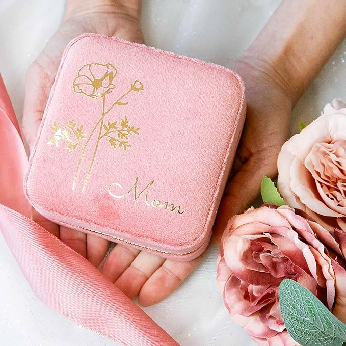 Customizable Compact Velvet Jewelry Box with Mirror, Travel Jewelry Case, Travel Jewelry Organizer, Jewelry Box for Women and Girls, Small Jewelry Organizer (Flower Design, Coral Pink)