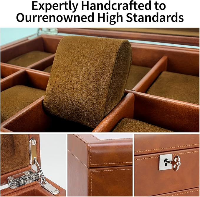 Leather Watch Box with Drawer-10 Slots Locking Jewelry Watches Holder for Men-Luxury Watch Case Display Organizer-2 Tier Organizer Watch Showcase-Storage Case