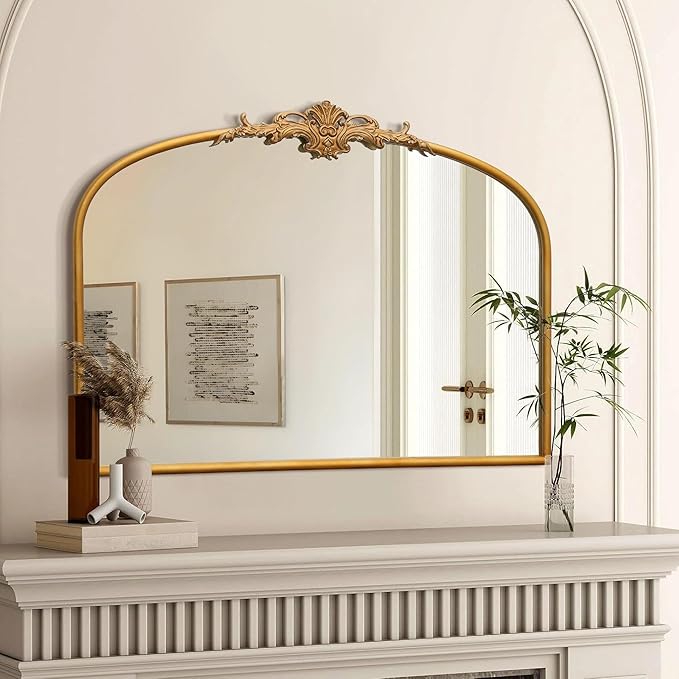 Besdomus Antique Arched Gold Mirror: 32"x24" Large Gleaming Gold Antique Wall Mounted Mirror - Baroque Traditional Ornate for Fireplace/Bathroom/Bedroom - Wall Decor for Homemakers