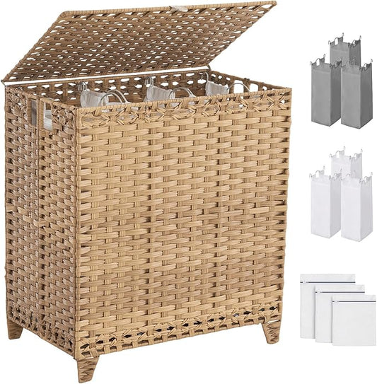 Laundry Hamper with Lid, 190L Large Laundry Basket 3 Section with 6 Removable Liner Bags & 3 Mesh Laundry Bags, Handwoven Rattan Clothes Hamper with Heightened Feet, No Install Needed, Natural