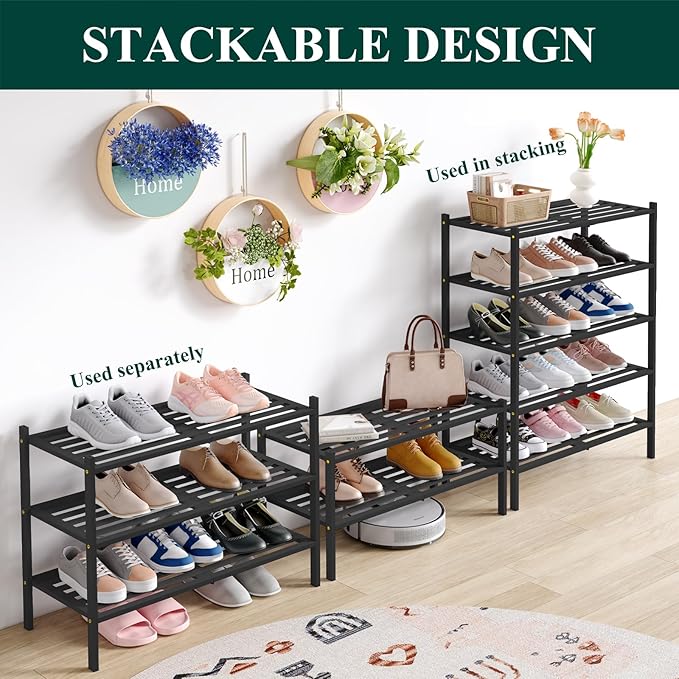 Smiry Bamboo Shoe Rack 2-Tier, Stackable Wooden Shoe Organizer for Entryway & Closet, Free Standing Wood Shoe Storage Shelf for Front Door & Small Spaces, Black