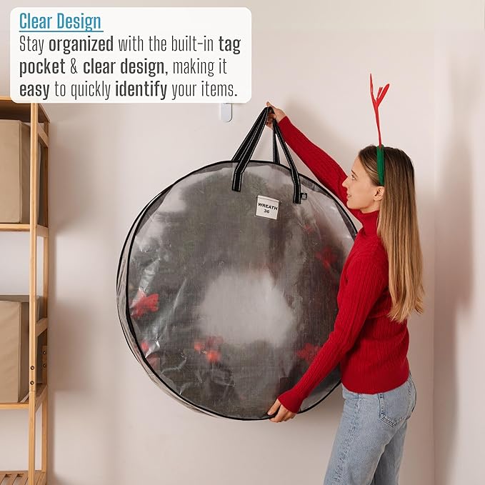 VENO 4 Pack Christmas Wreath Storage Container - 36 Inch Clear Wreath Bag, Christmas Garland and Holiday Decoration Organizers with Zipper and Durable Handles (Clear, 36"-4 Pack)
