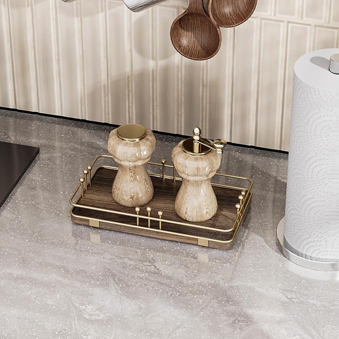 Bathroom Vanity Tray for Toiletries Makeup Perfume Candle Toilet Tank, Kitchen Tray for Soap Dispenser Spice Salt, Small Tray for Countertop Decor Coffee Nightstand 7.9”x4.4” Brown-Gold