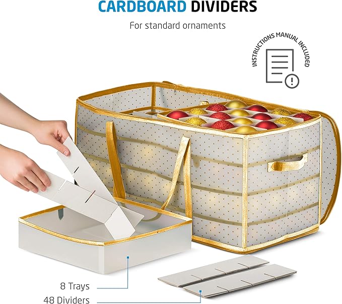 ZOBER Christmas Ornament Storage Box Plastic - Stores 128 3" Ornaments with Individual Trays - Ornament Organizer Storage Box, Durable Christmas Containers Holder - Gold