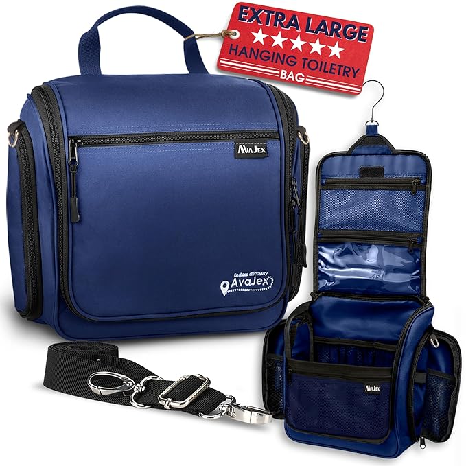 Extra Large (11.8”x11.8”x4”) Hanging Travel Toiletry Bag for Men and Women - Cosmetic Travel Bag With Shoulder Strap - Waterproof Hygiene Bag with Metal Swivel Hook and 19 Compartments for Toiletries