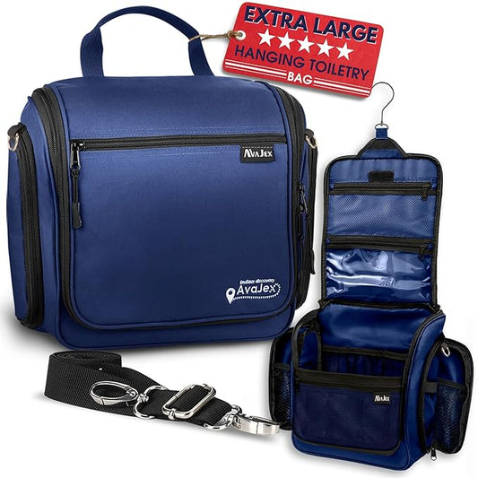 Extra Large (11.8”x11.8”x4”) Hanging Travel Toiletry Bag for Men and Women - Cosmetic Travel Bag With Shoulder Strap - Waterproof Hygiene Bag with Metal Swivel Hook and 19 Compartments for Toiletries