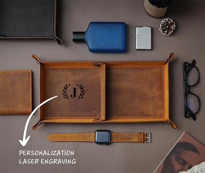 Handmade Leather Catch All Tray, Customizable Handcrafted Genuine Leather Valet Tray and Organizer for Keys, Phones, Jewels, Coins, Rectangular, Grey