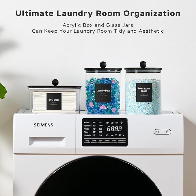 Glass Laundry Pods Container & Acrylic Dryer Sheet Holder with Balck Bamboo Knobs Lids, Scoops & Labels | Premium Laundry Room Organization and Storage for Detergent Pods, Powder, Dryer Balls & Beads