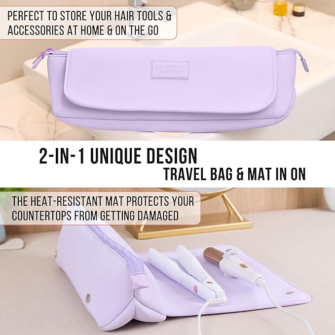 BAREFOOT CARIBOU Hair Tools Travel Bag and Heat Resistant Mat for Flat Irons, Straighteners, Curling Iron, and Haircare Accessories, 2-in-1 design, with Interior Pockets, Portable Organizer