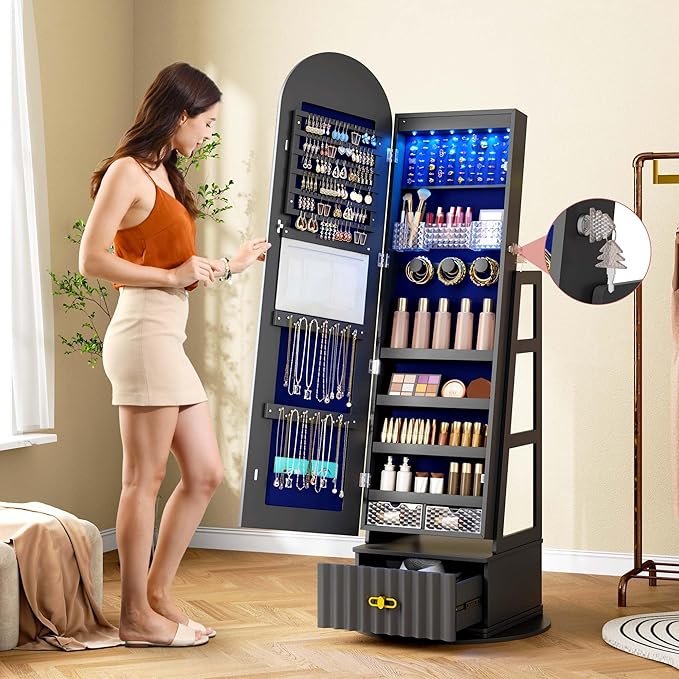 Full Length Mirror with Storage, 63" Mirror Jewelry Cabinet Standing, Rotating Jewelry Mirror Organizer Full Length, Lockable Jewelry Armoires with Velvet Lining for Women Gift