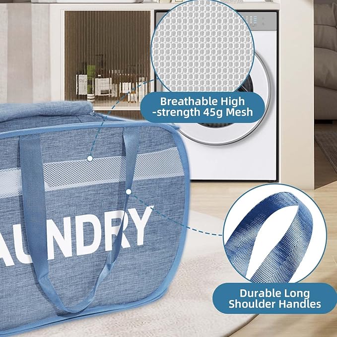 Collapsible Laundry Basket 2 pack, Foldable Pop Up Blue Laundry Baskets Mesh with Lid & Handle, Pop Up Collapsible Laundrys Hamper, Fabric Laundrys Baskets for Dorm, Travel, Bathroom
