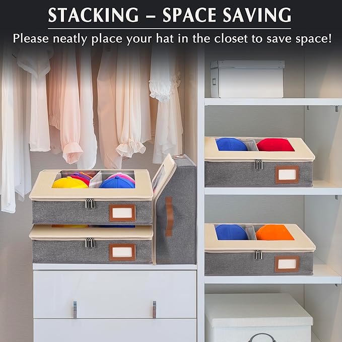 2-in-1 Hat Organizer for Baseball Caps Holds 24-30 Hats Holder for Closet with Clear lid Stackable Hat Storage with Adjustable Space Cowboy Hat Box for Men Women 1 PCS White and Grey