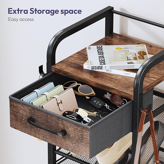 SWTYMIKI Rolling Vertical Shoe Rack - Shoe Tower with Drawer and Hooks, Shoe Storage Organizer for Entryway Closet Bedroom, Space-Saving Wood and Metal Narrow Shoe Shelf, Espresso