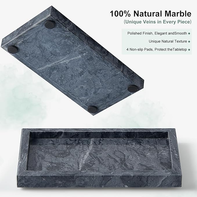 Natural Small Marble Vanity Tray, Luxury Stone Organizer for Bathroom & Kitchen | Holds Soap Dispenser, Jewelry, Perfume | Non-Resin, Non-Ceramic Décor