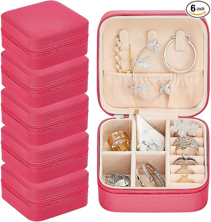 Taiyin 6 Pcs Travel Jewelry Case, Valentines Day Gifts for Her- Small Jewelry Organizer Box Bridesmaid Gifts for Women Girls (Rosy)