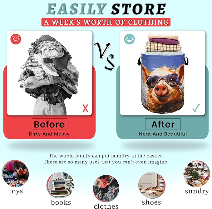 Funny Pig Laundry Hamper Foldable With Handles Summer Pigs Tote Bag Universal Oxford Cloth Animal Laundry Basket Clothes Toy Storage Bucket 18.9" x 16.5" For Bathroom/Laundry/Bedroom